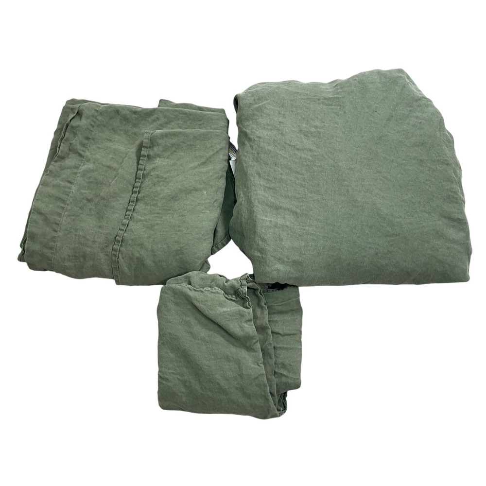 Everly French Linen Bedding Sheet Set King Olive Green 100% Linen FLAW READ
